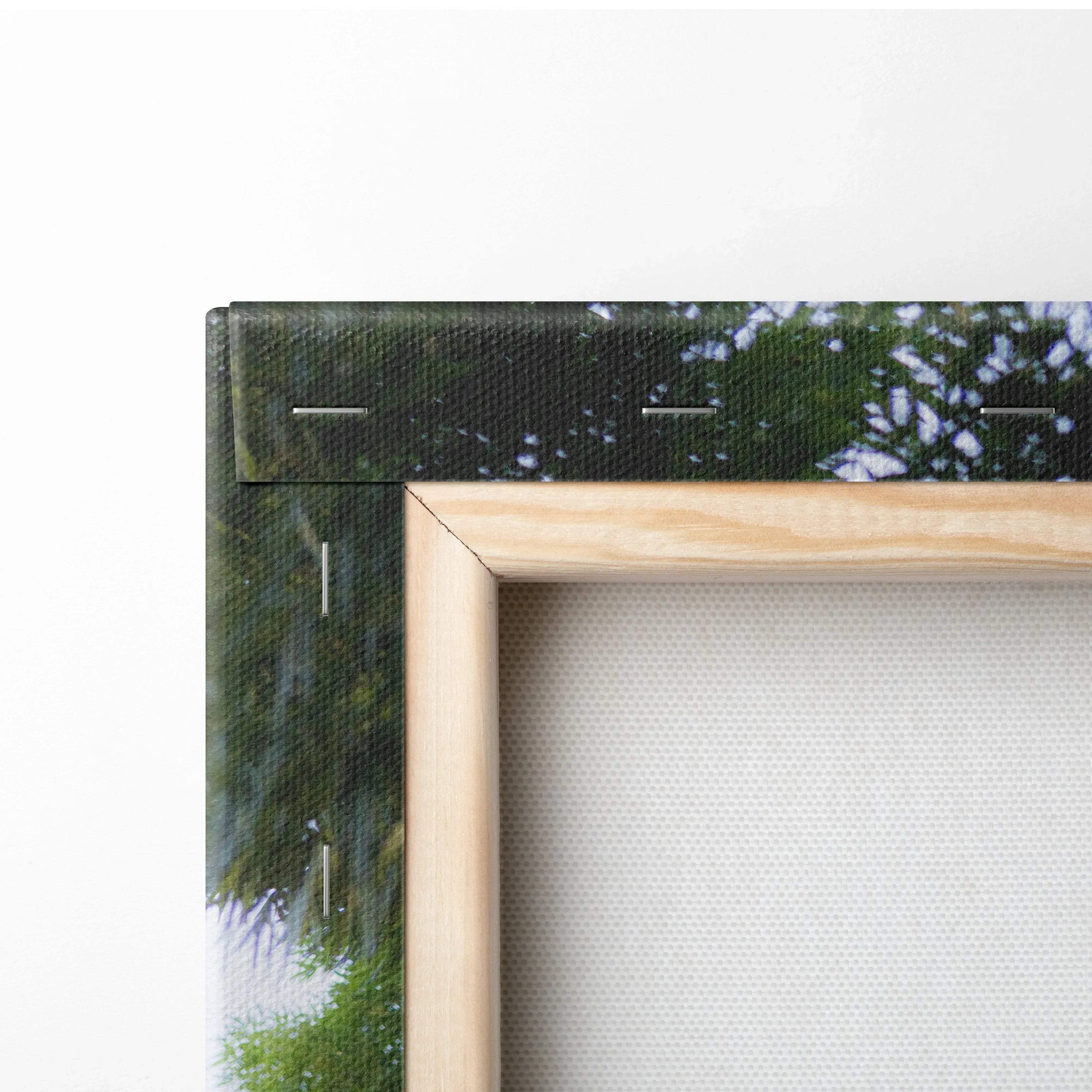 Close-up of corner wooden frame and stretched canvas texture for vertical wall art canvas print.