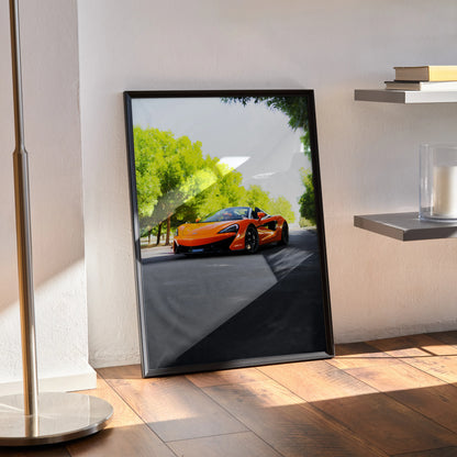McLaren 570S orange sports car poster leaning on wall with sunlight shadows, sleek car wall art.