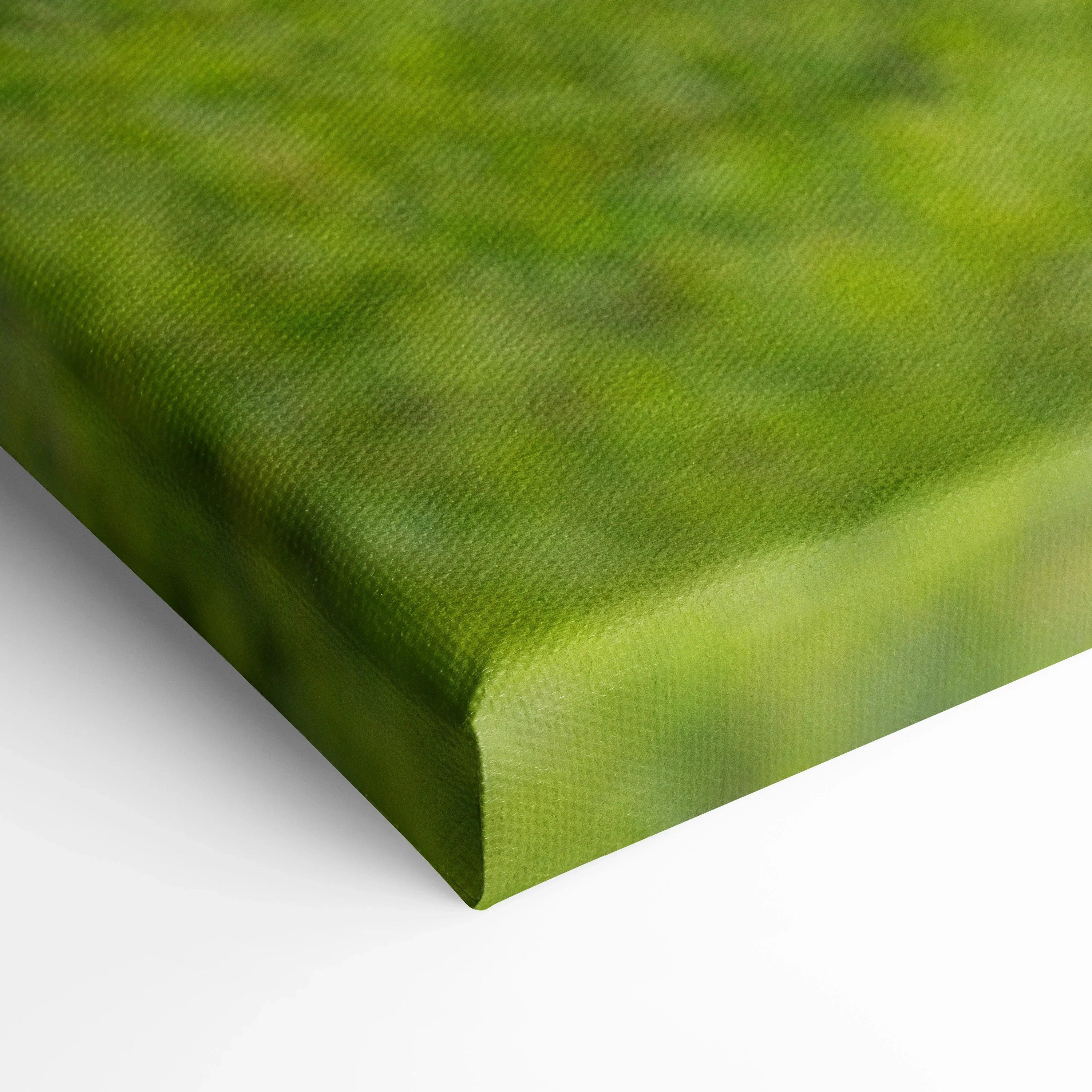 Close-up of green textured canvas art corner with tight wrap and smooth finish on wall art print.
