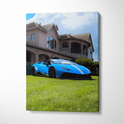 Blue Lamborghini Huracan parked on grass with modern house backdrop, vertical canvas art.