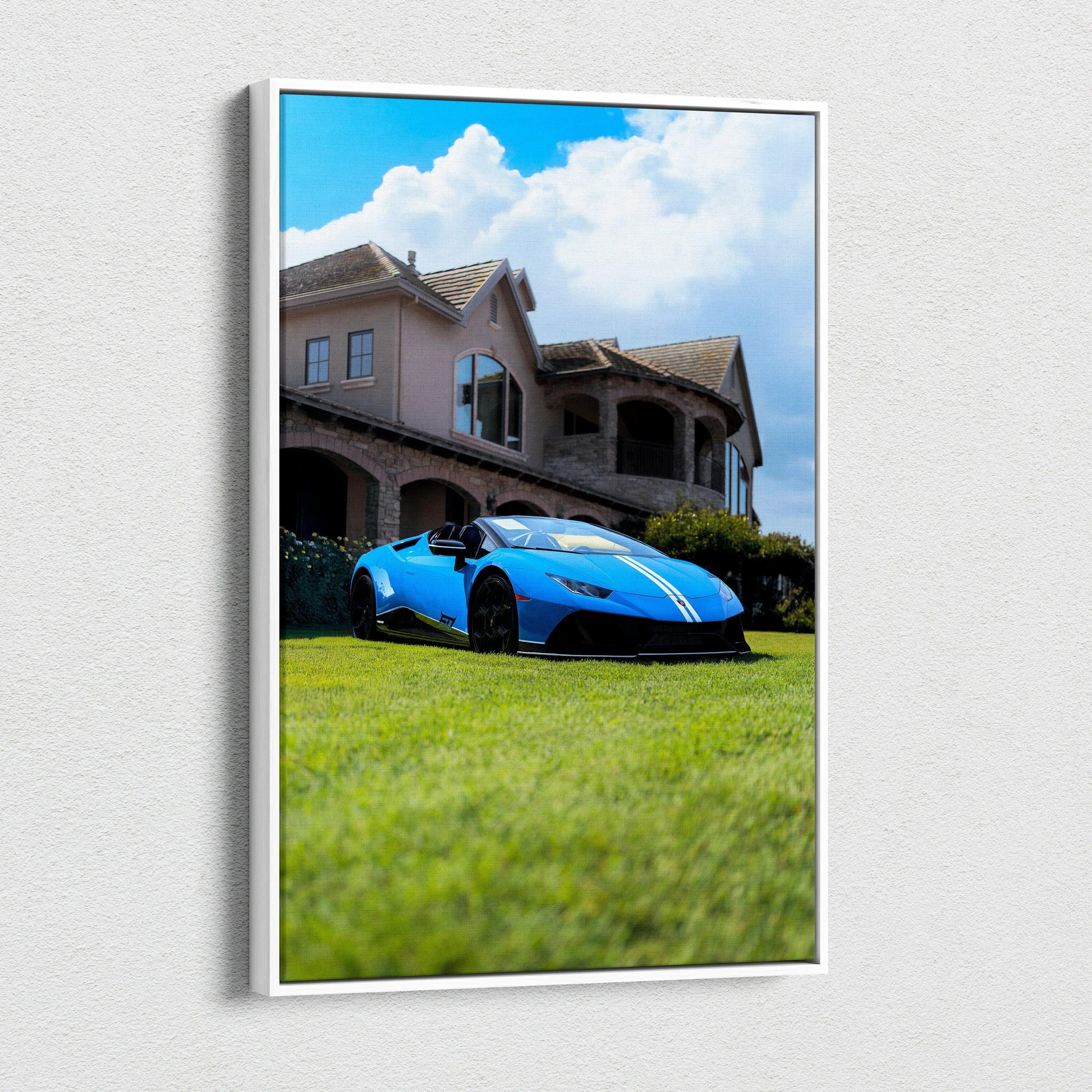 Blue Lamborghini Huracan on grass in front of luxury house vertical canvas wall art.