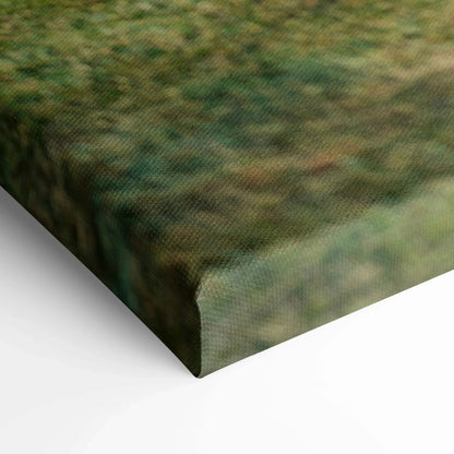 Close-up of textured canvas art corner with green and brown abstract wall art print.