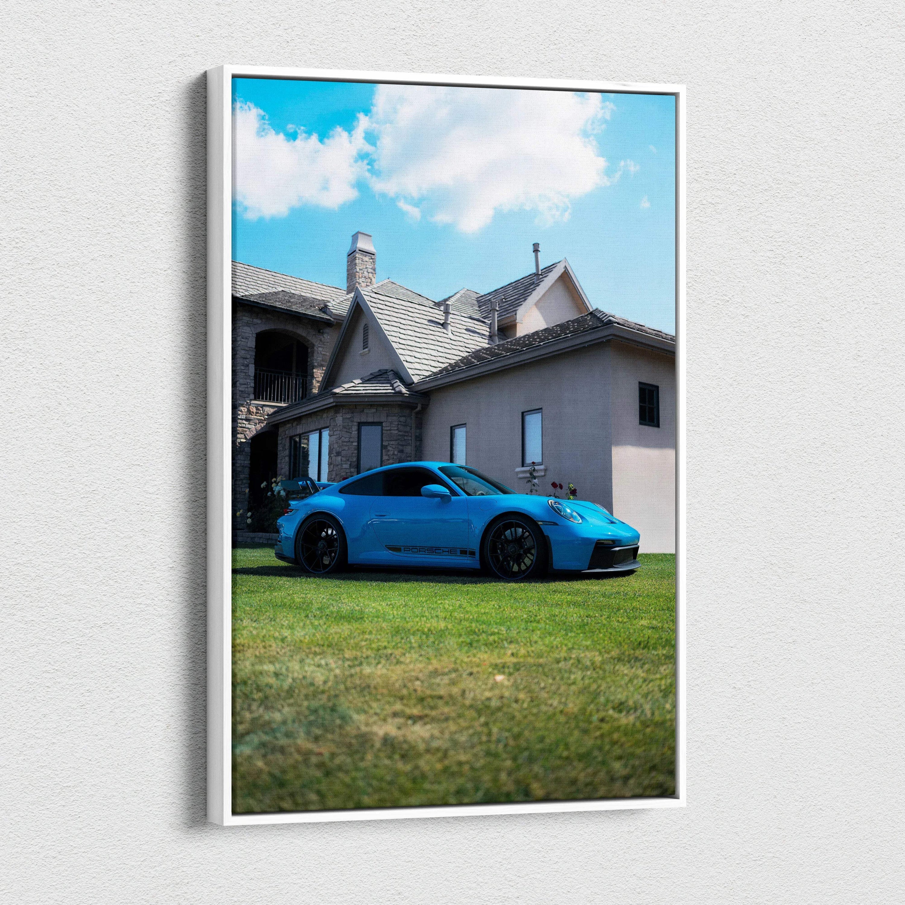 Porsche 911 GT3 blue sports car on green lawn with house background vertical canvas wall art.