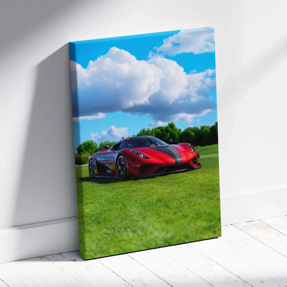 Vertical canvas wall art featuring a red Koenigsegg Regera on green grass under a blue sky with white clouds.