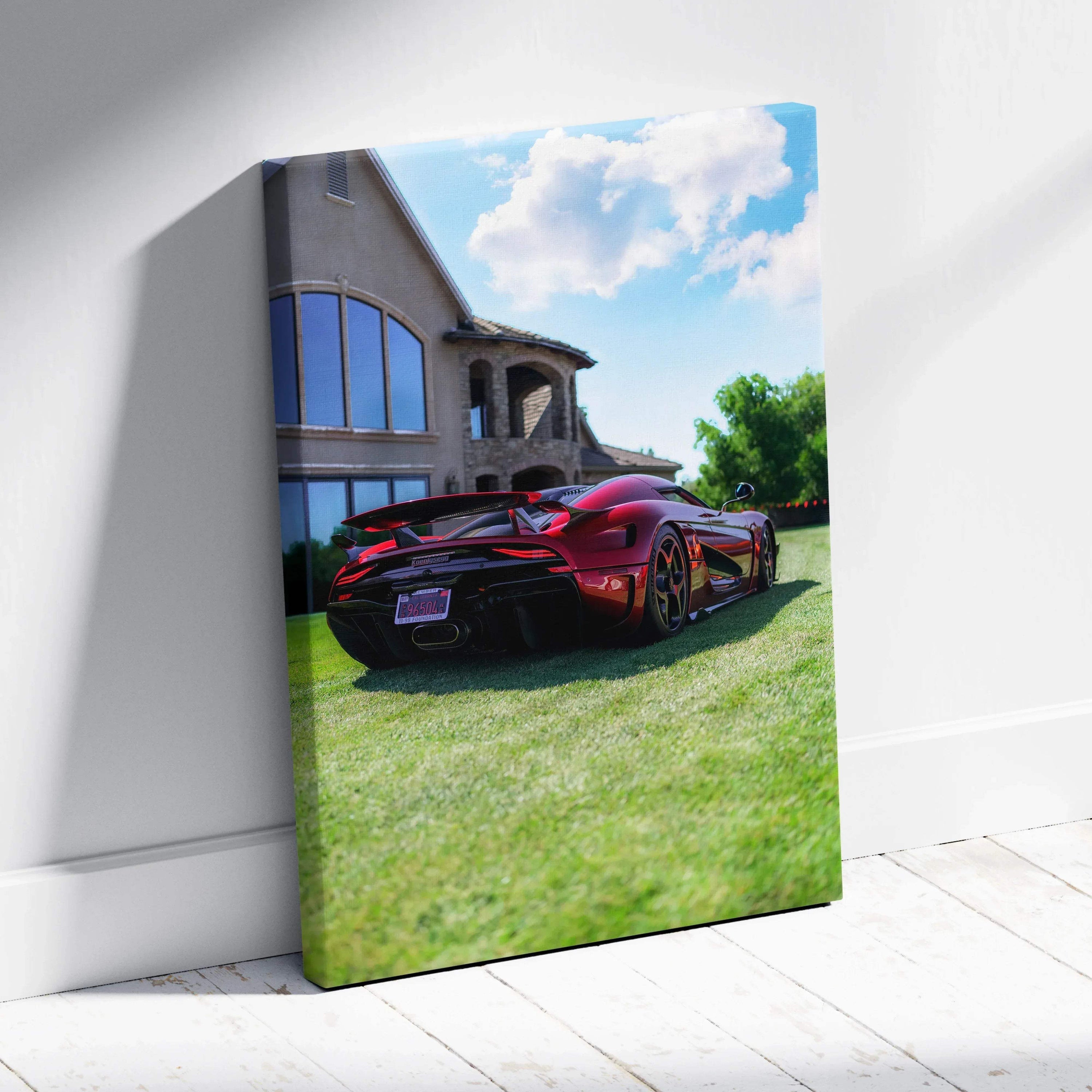Koenigsegg Regera luxury sports car parked on grass in front of modern house canvas wall art.