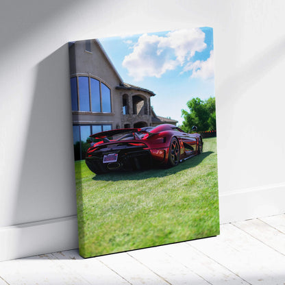 Koenigsegg Regera luxury sports car parked on grass in front of modern house canvas wall art.