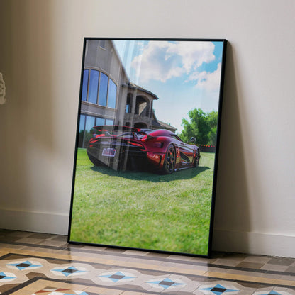 Koenigsegg Regera high-resolution wall art poster with vibrant red sports car and modern building backdrop.