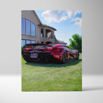 Koenigsegg Regera in glossy red displayed on vertical canvas art with luxury house background and green lawn wall art.