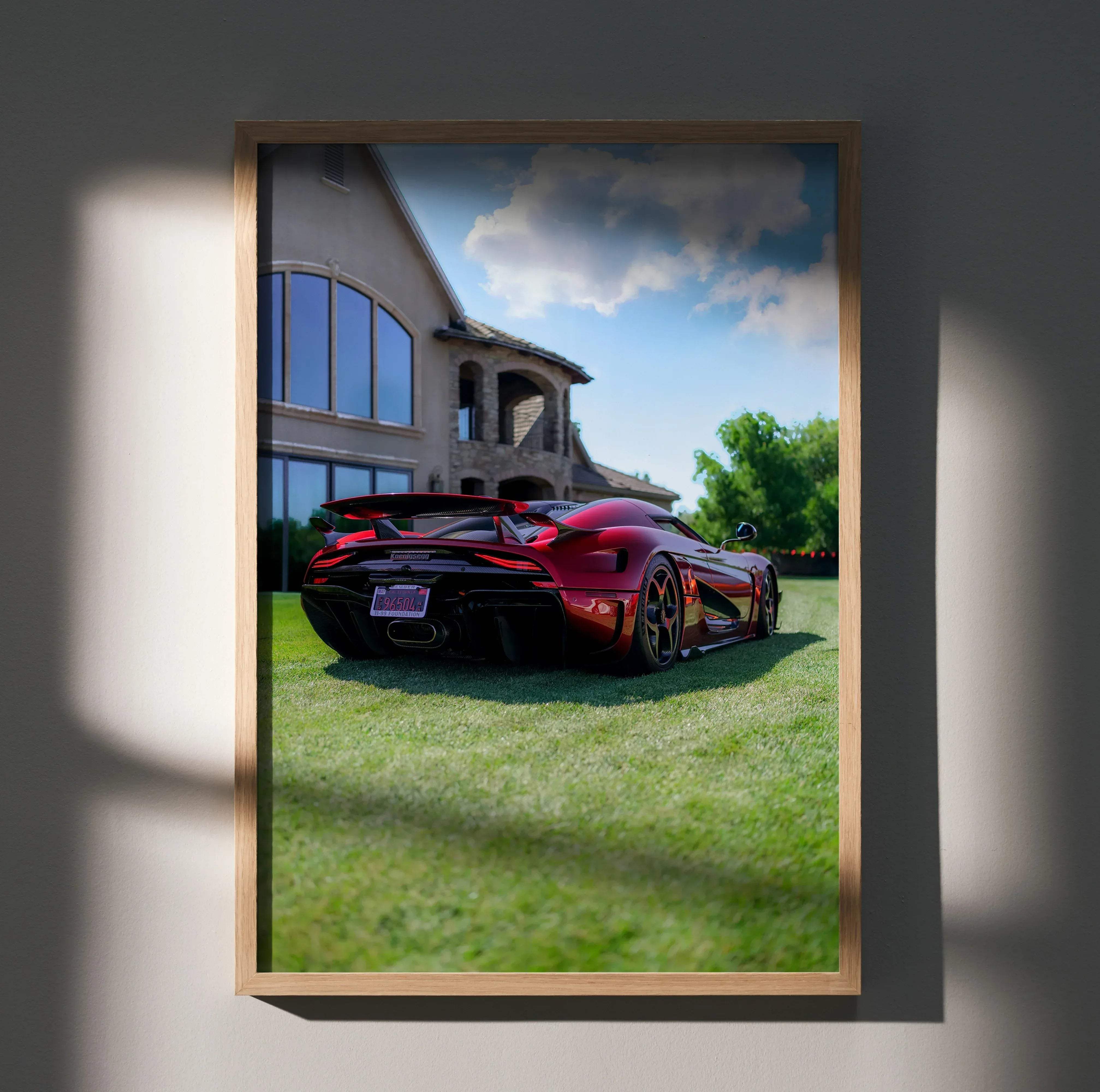 Red koenigsegg agera rs sports car poster in light wood frame high resolution car poster product number 002