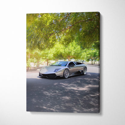 Lamborghini Murcielago luxury car under green tree canopy canvas art wall decor.