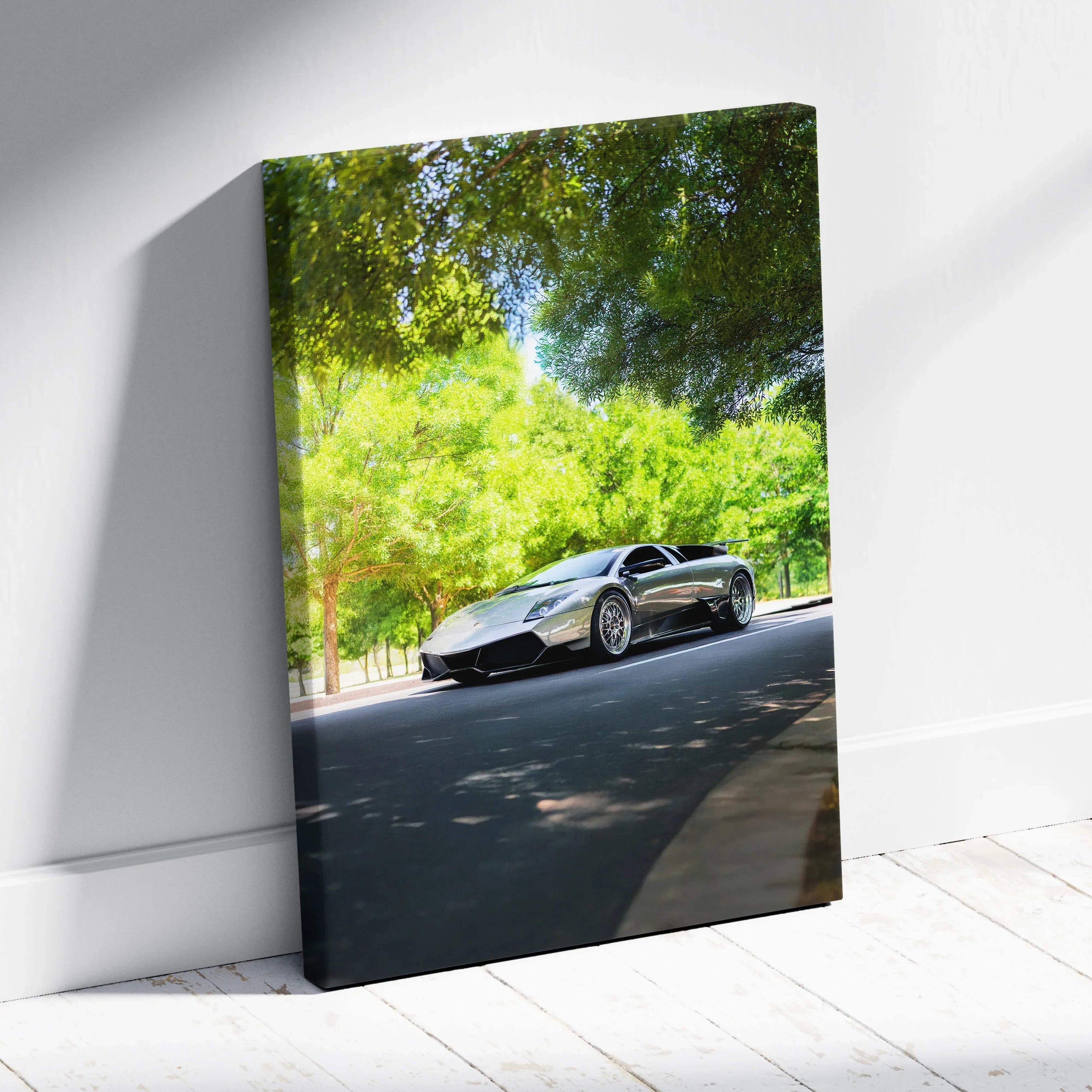 Lamborghini Murcielago parked on road in nature scene canvas wall art vertical print.