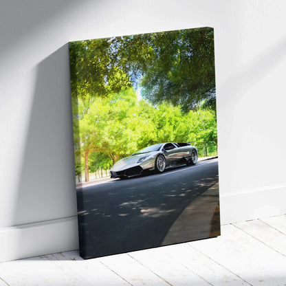 Lamborghini Murcielago parked on road in nature scene canvas wall art vertical print.