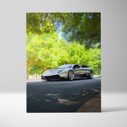 Vertical canvas art of silver Lamborghini Murcielago parked on shaded road with green trees background.