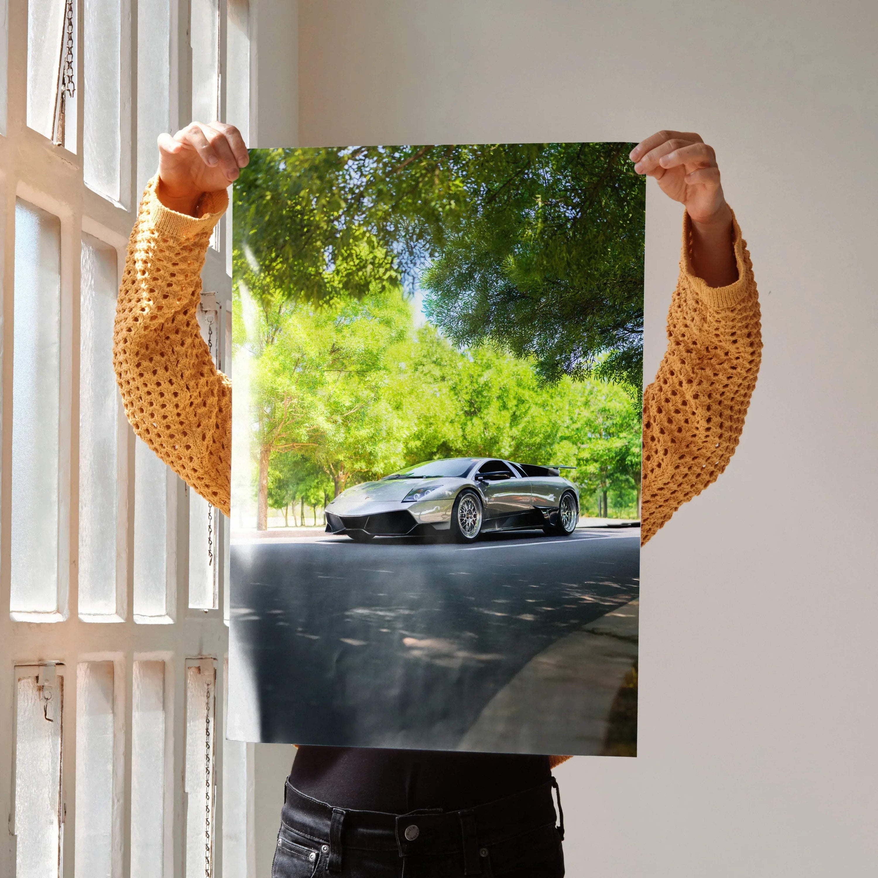 Lamborghini Murcielago parked on road under green trees poster wall art.