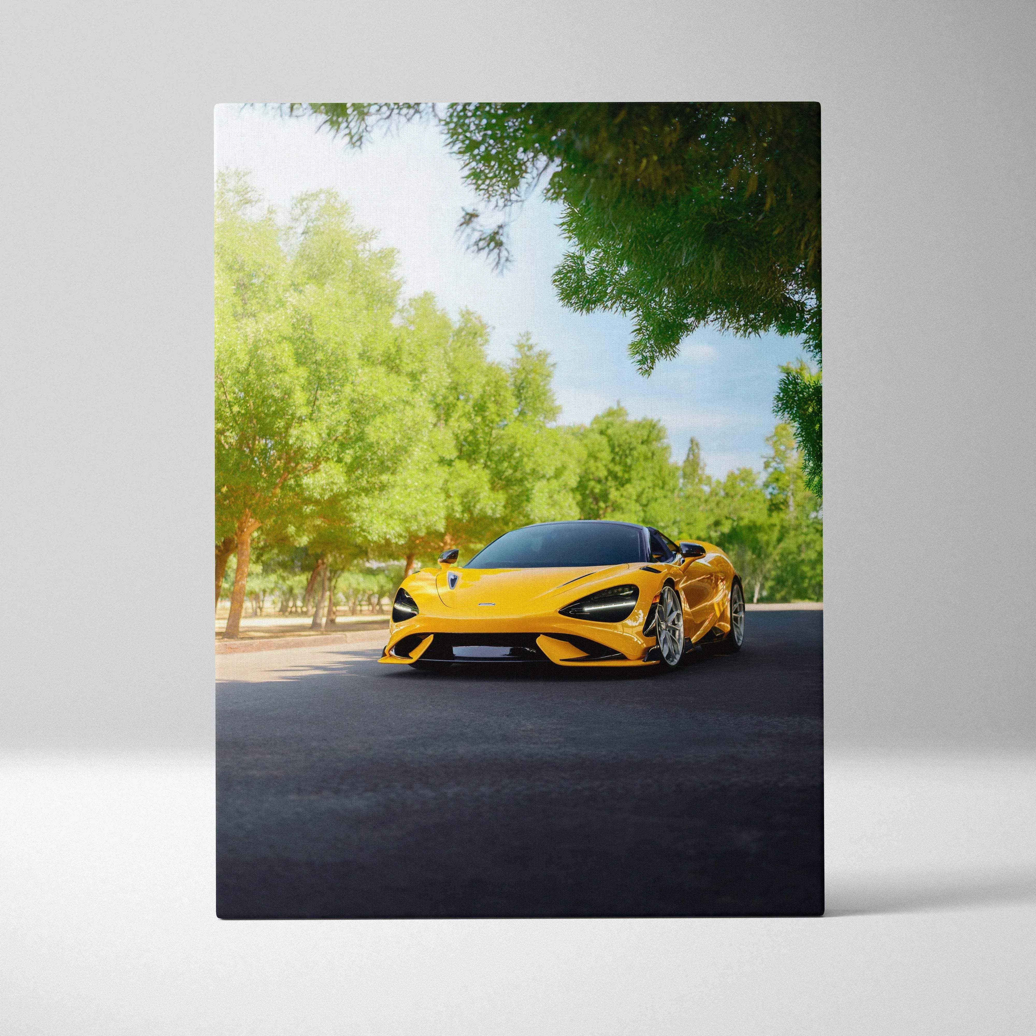 Canvas wall art featuring vibrant yellow mclaren 720s with sleek aerodynamic design and black accents on green parkside road