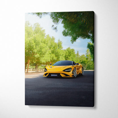 Vertical canvas art of yellow McLaren 765LT sports car on road with green trees background wall art.