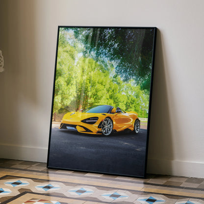 McLaren 765LT bright orange sports car Poster leaning on wall, vibrant outdoor Wall Art.