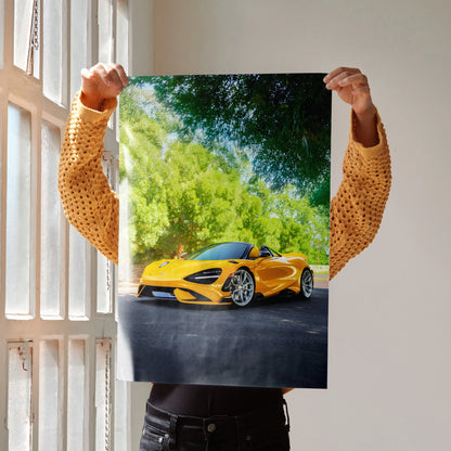 McLaren 765LT poster wall art with vibrant yellow sports car on road surrounded by green trees.