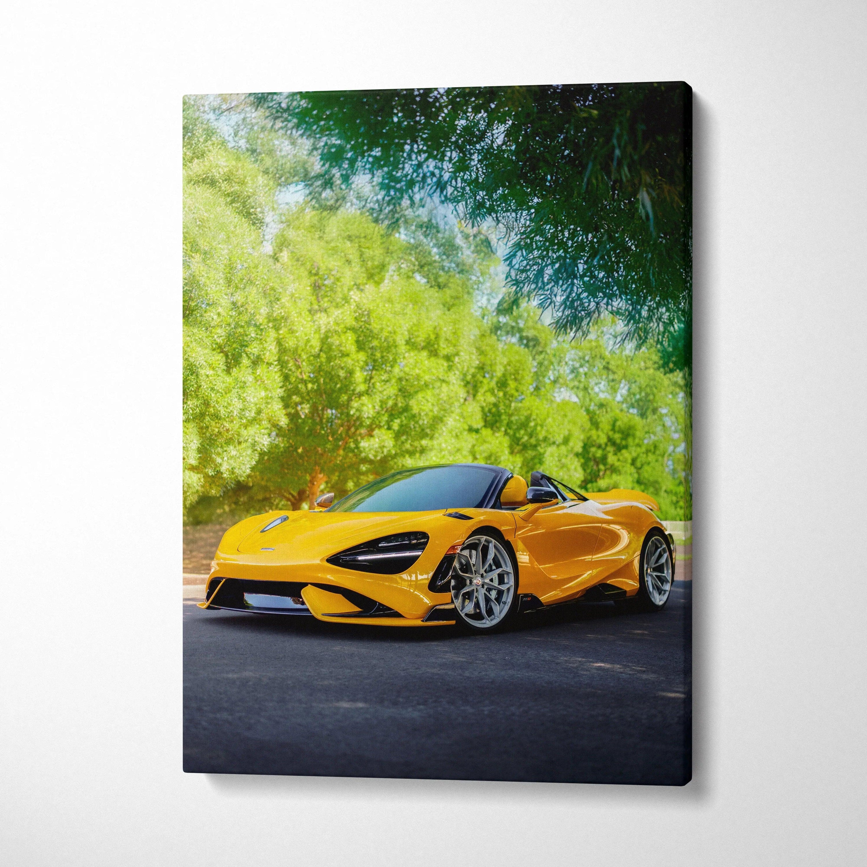 Yellow McLaren 765LT sports car on black asphalt with green trees background vertical canvas art wall decor.