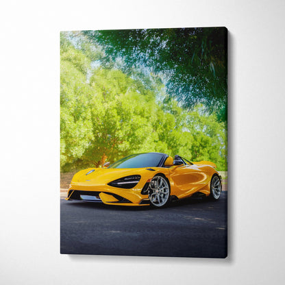 Yellow McLaren 765LT sports car on black asphalt with green trees background vertical canvas art wall decor.