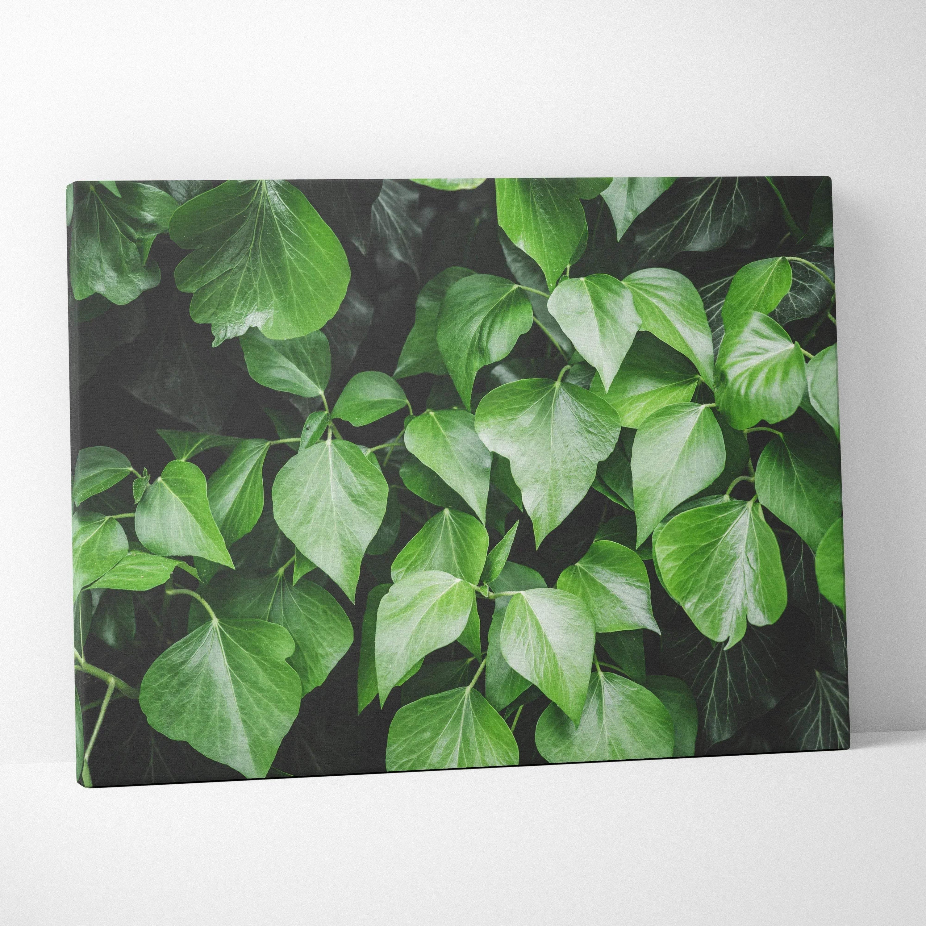 Lush green tropical leaves with varying shades and textures on a rectangular canvas wall art panel.