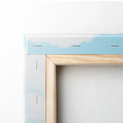 Close-up of stretched canvas fabric wrapped on wooden frame corner with sky blue and white paint, showcasing high-quality.