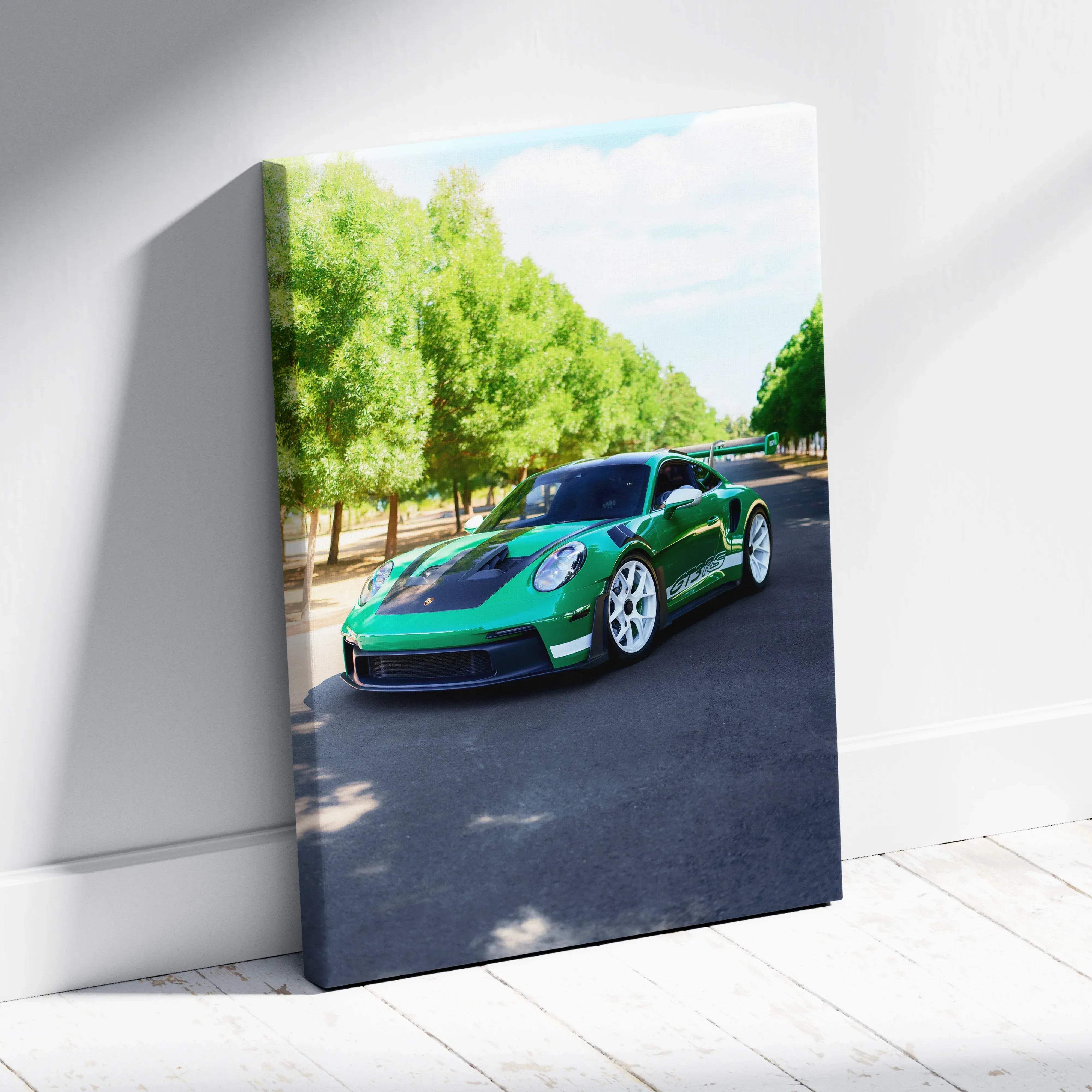 Green Porsche 911 GT3 RS vertical canvas wall art with glossy finish and white racing stripes for automotive decor