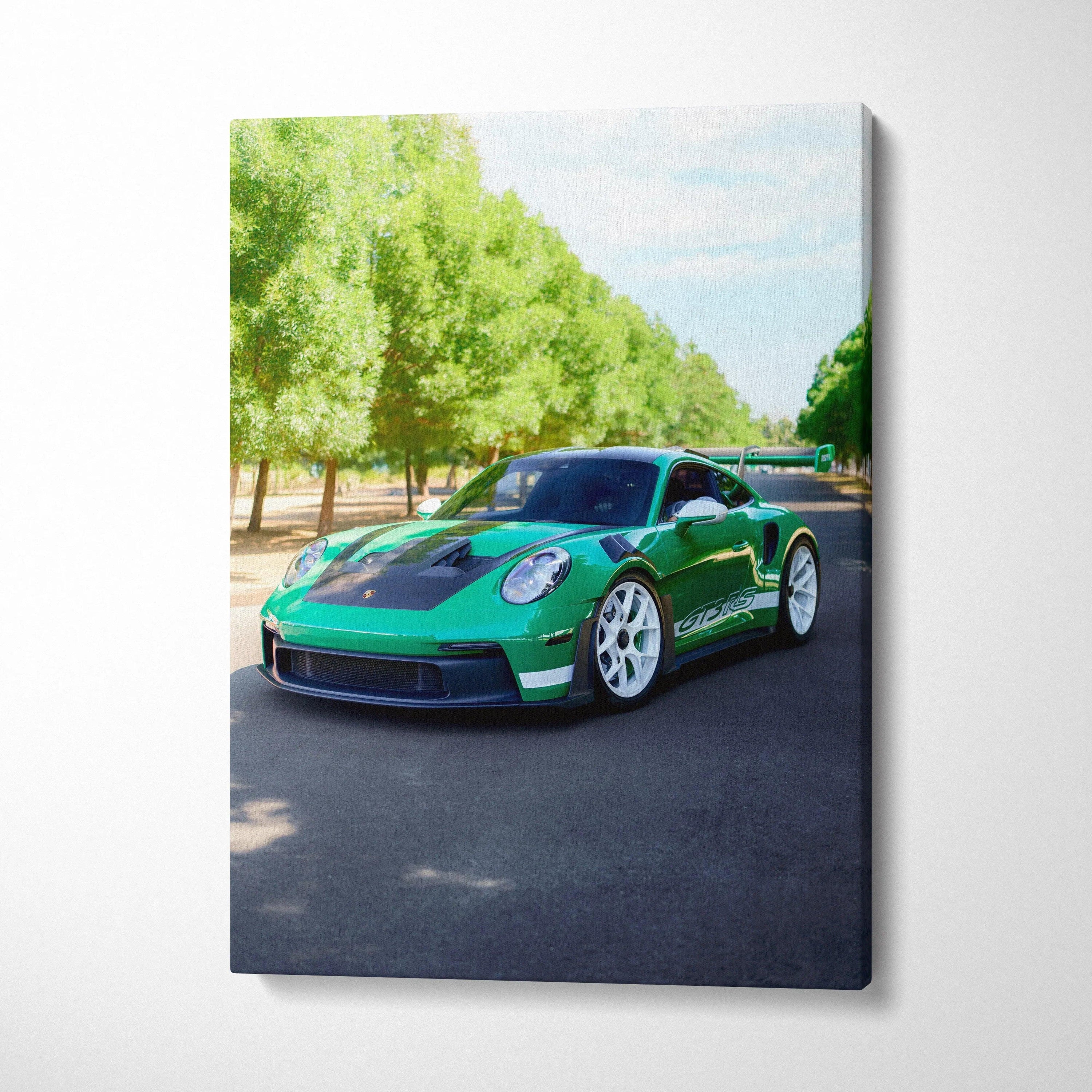 Green Porsche 911 GT3 RS on road with trees background vertical canvas art wall decor.