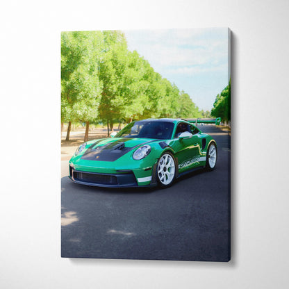 Green Porsche 911 GT3 RS on road with trees background vertical canvas art wall decor.
