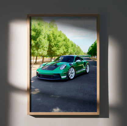 Porsche 911 GT3 RS green sports car on road with trees background poster wall art.
