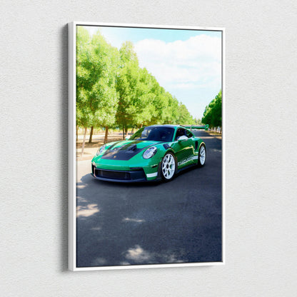 Porsche 911 GT3 RS green sports car on road surrounded by trees vertical canvas wall art.