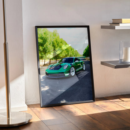 Porsche 911 GT3 RS green sports car poster leaning on wall modern wall art.