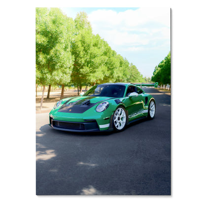 Green Porsche 911 GT3 RS parked on road with trees, automotive poster wall art.