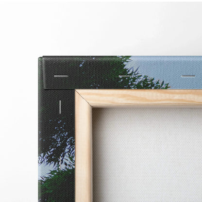 Close-up of wooden frame and textured edge of high-resolution Porsche 911 GT3 canvas wall art.