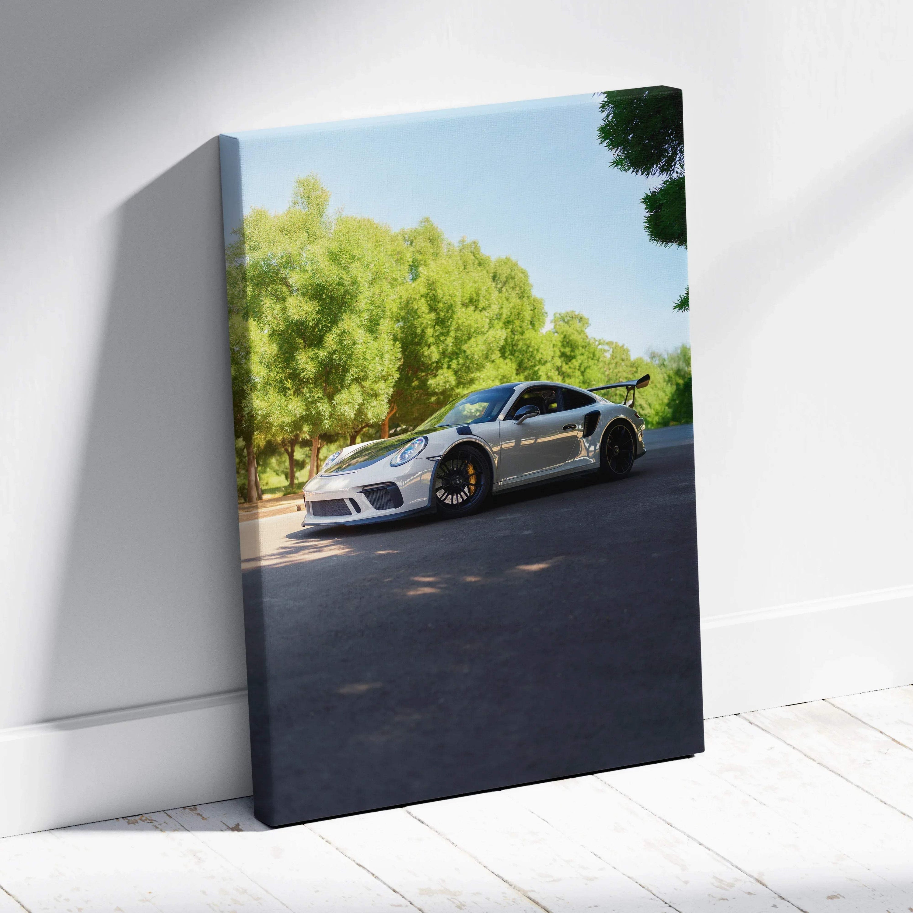 Porsche 911 GT3 white sports car canvas art with greenery background vertical wall art.