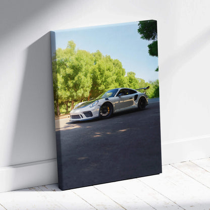 Porsche 911 GT3 white sports car canvas art with greenery background vertical wall art.