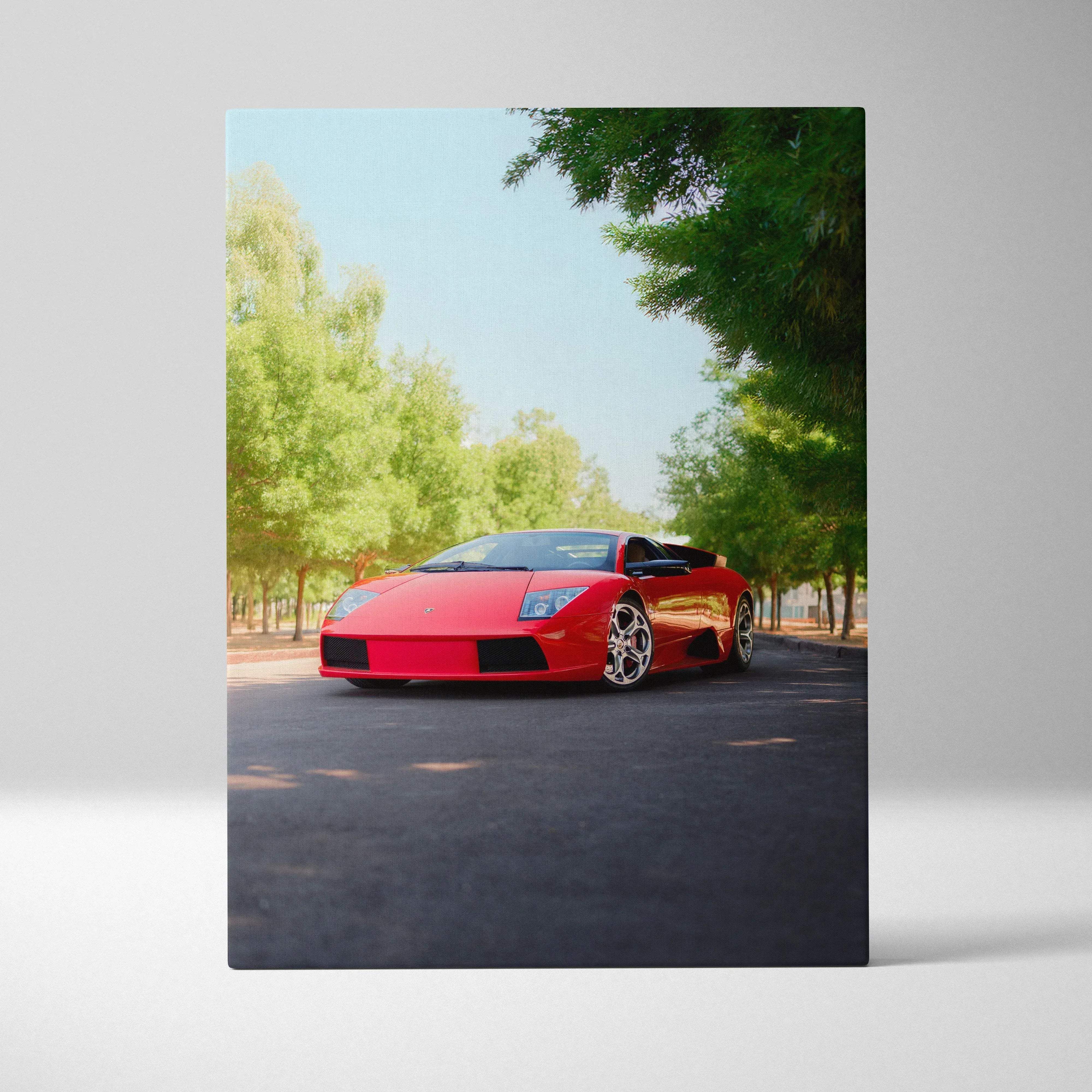 Vertical canvas wall art featuring a vibrant red Lamborghini Murcielago roadster with sleek lines and polished alloy wheels