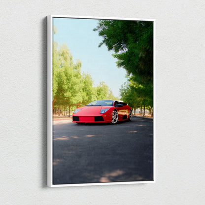 Vertical canvas art featuring a red Lamborghini Murcielago on a tree-lined road, vibrant wall art print.