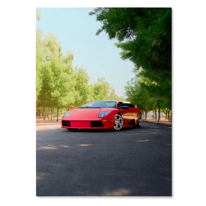 Red Lamborghini Murcielago on tree-lined road poster wall art in natural light.