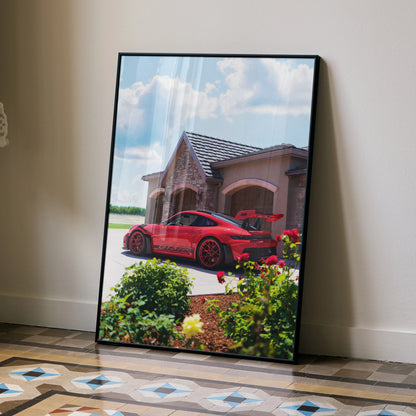 Porsche 911 GT3 RS red sports car poster wall art with house and garden background.
