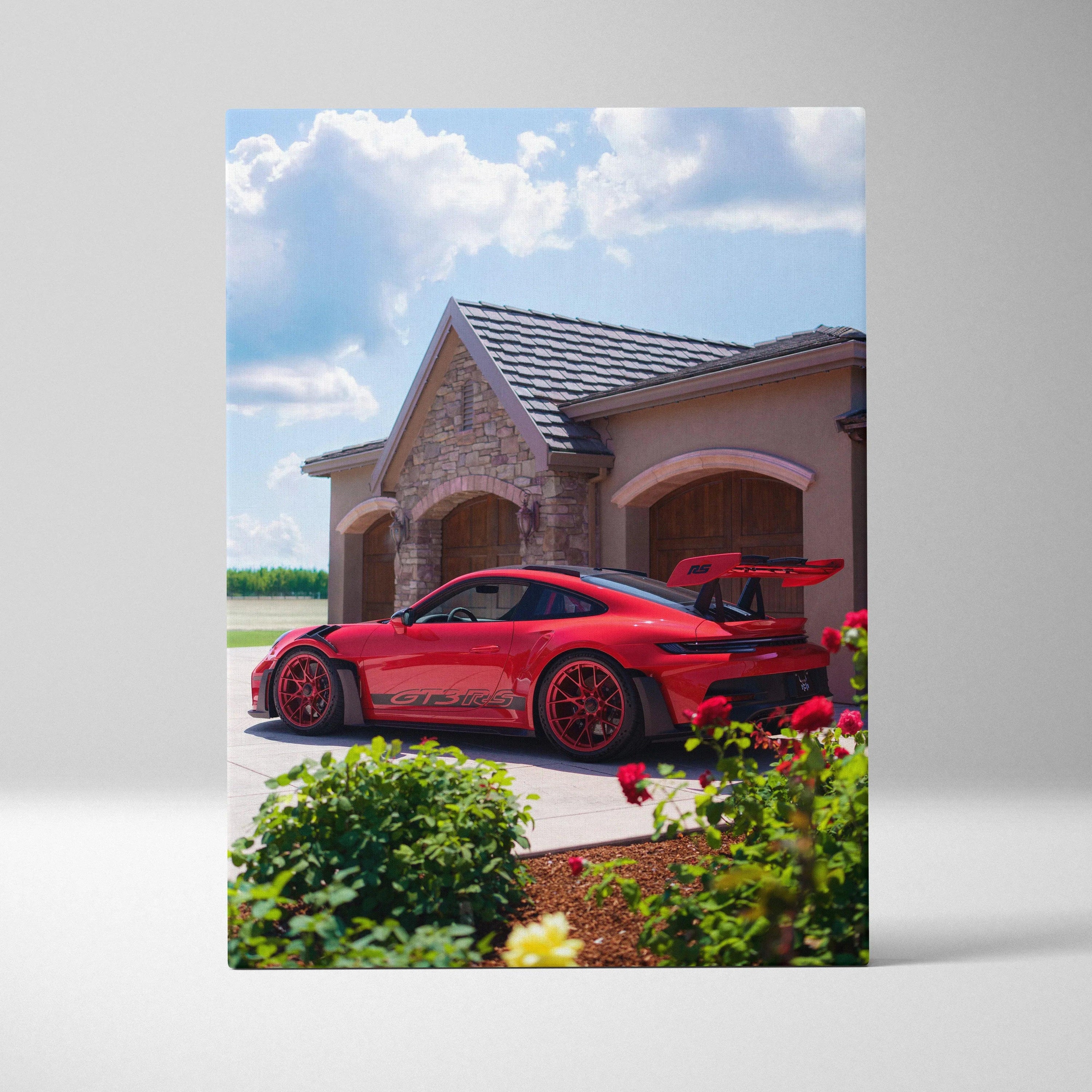 Red Porsche 911 GT3 RS parked outside luxury home vertical canvas wall art.