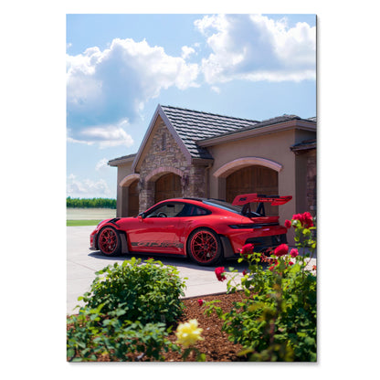 Red Porsche 911 GT3 RS parked by a modern house with clear sky backdrop poster wall art.