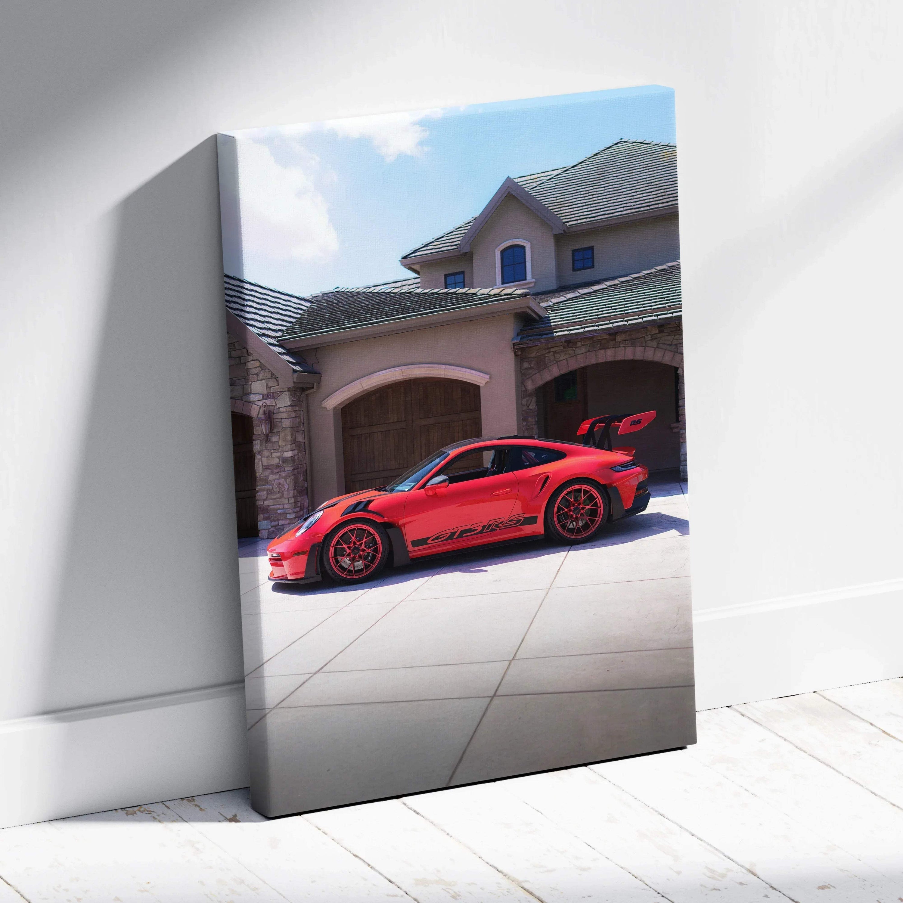 Porsche 911 GT3 RS red sports car on driveway canvas wall art in vertical format.
