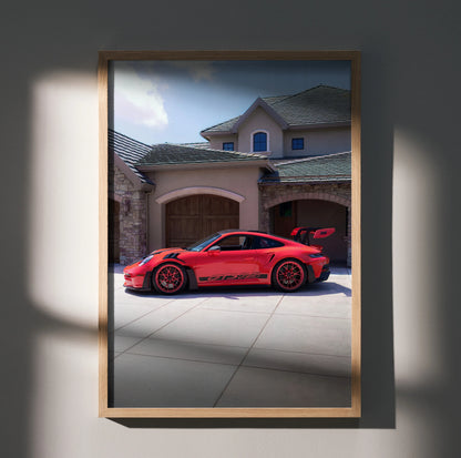 Porsche 911 GT3 RS red sports car poster wall art with residential background in wooden frame.