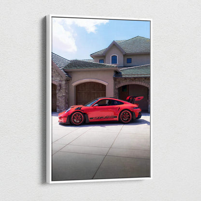 Red Porsche 911 GT3 RS parked in front of luxury home, vertical canvas wall art.
