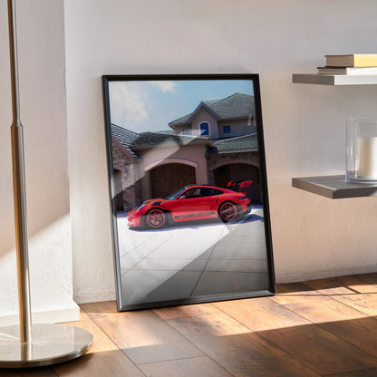 Porsche 911 GT3 RS red sports car poster leaning against wall, modern home wall art.