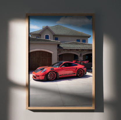 Porsche 911 GT3 RS bright red sports car parked in front of luxury house poster wall art.
