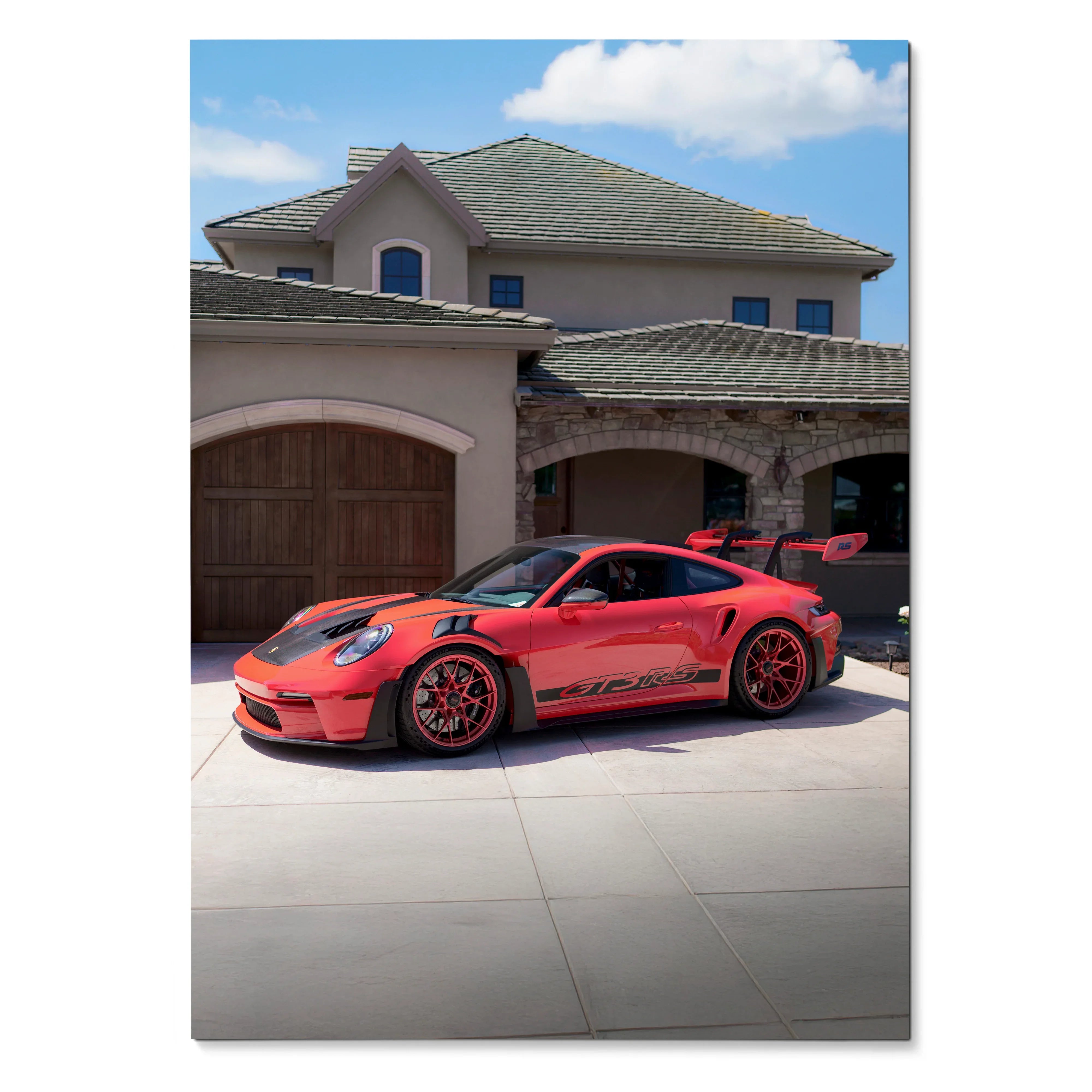Red Porsche 911 GT3 RS parked in front of a modern house, high-resolution poster wall art.