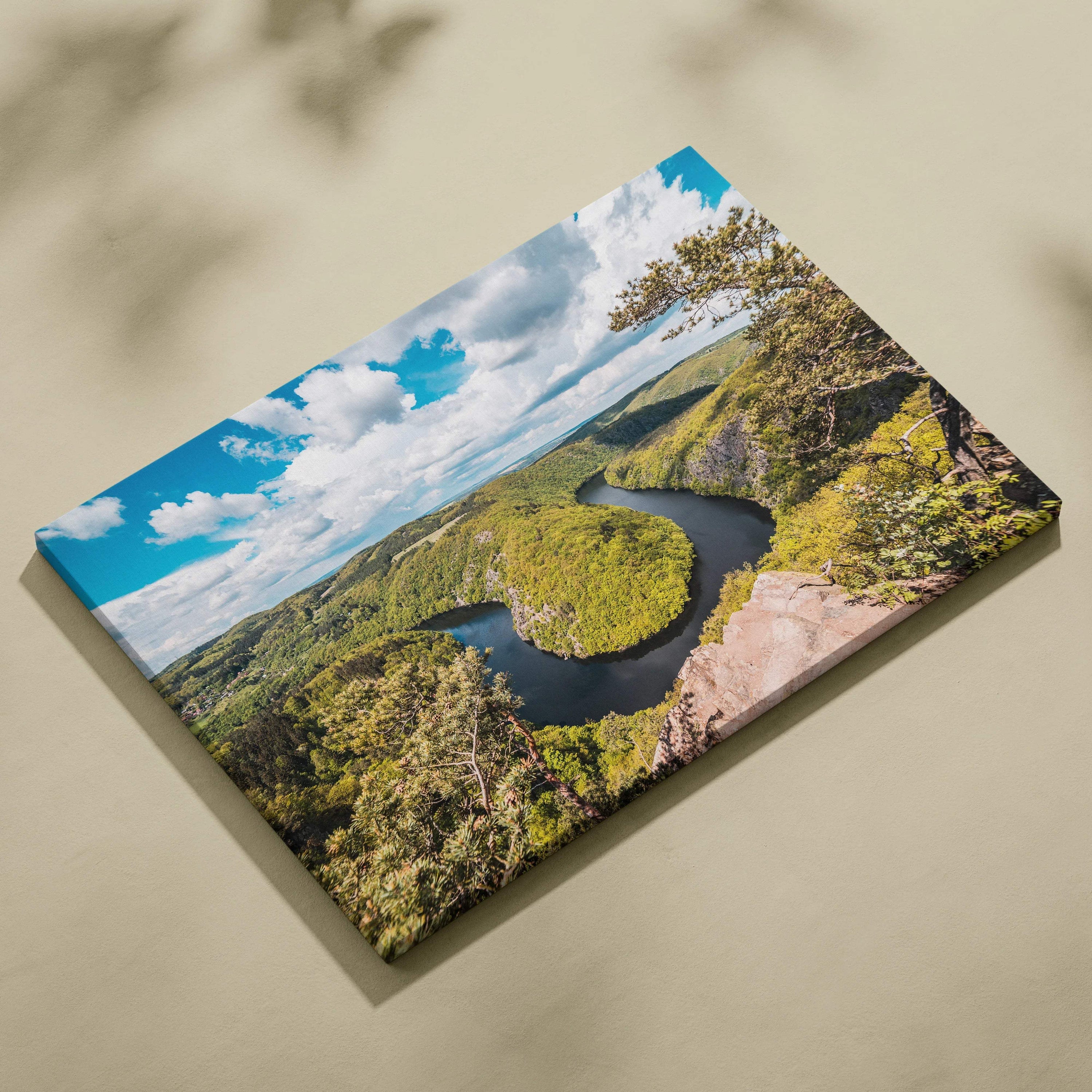 Canvas wall art of meandering river view through lush forest valleys