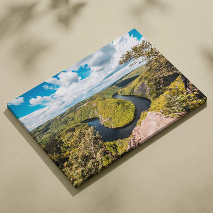 Canvas wall art of meandering river view through lush forest valleys